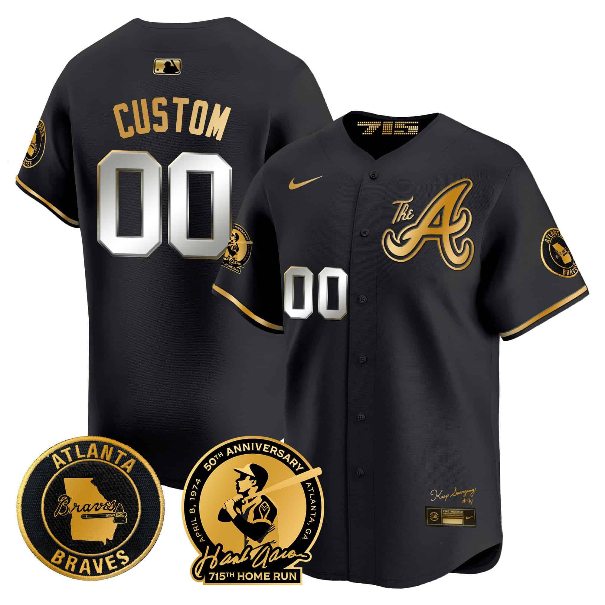 Men Atlanta Braves Black 2024 Nike Hank Aaron 715th Home Run Patch Vapor Premier Limited Custom MLB Jersey